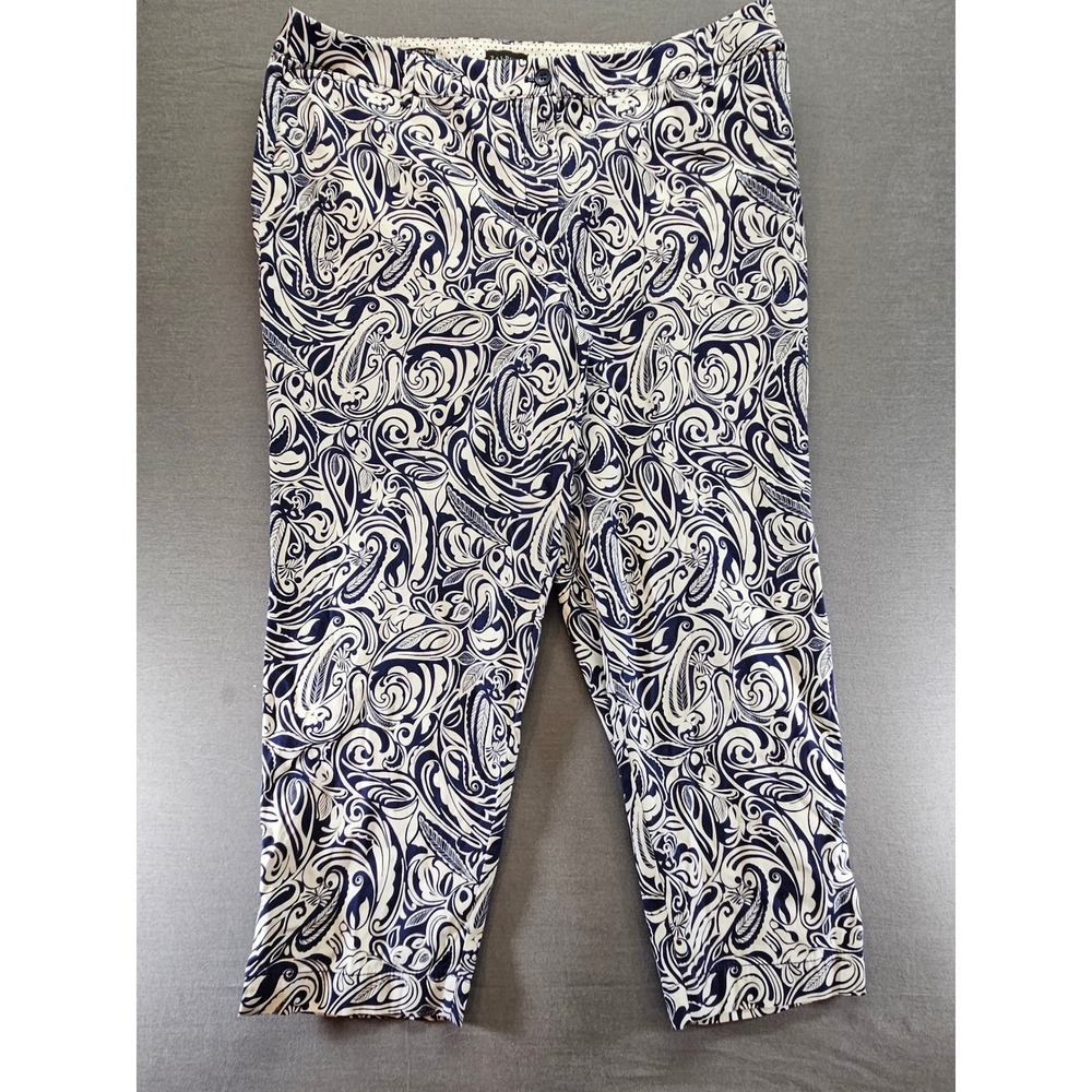 Talbots Perfect Crop Pant 18W Navy White Paisley Print Elastic Waist Trousers